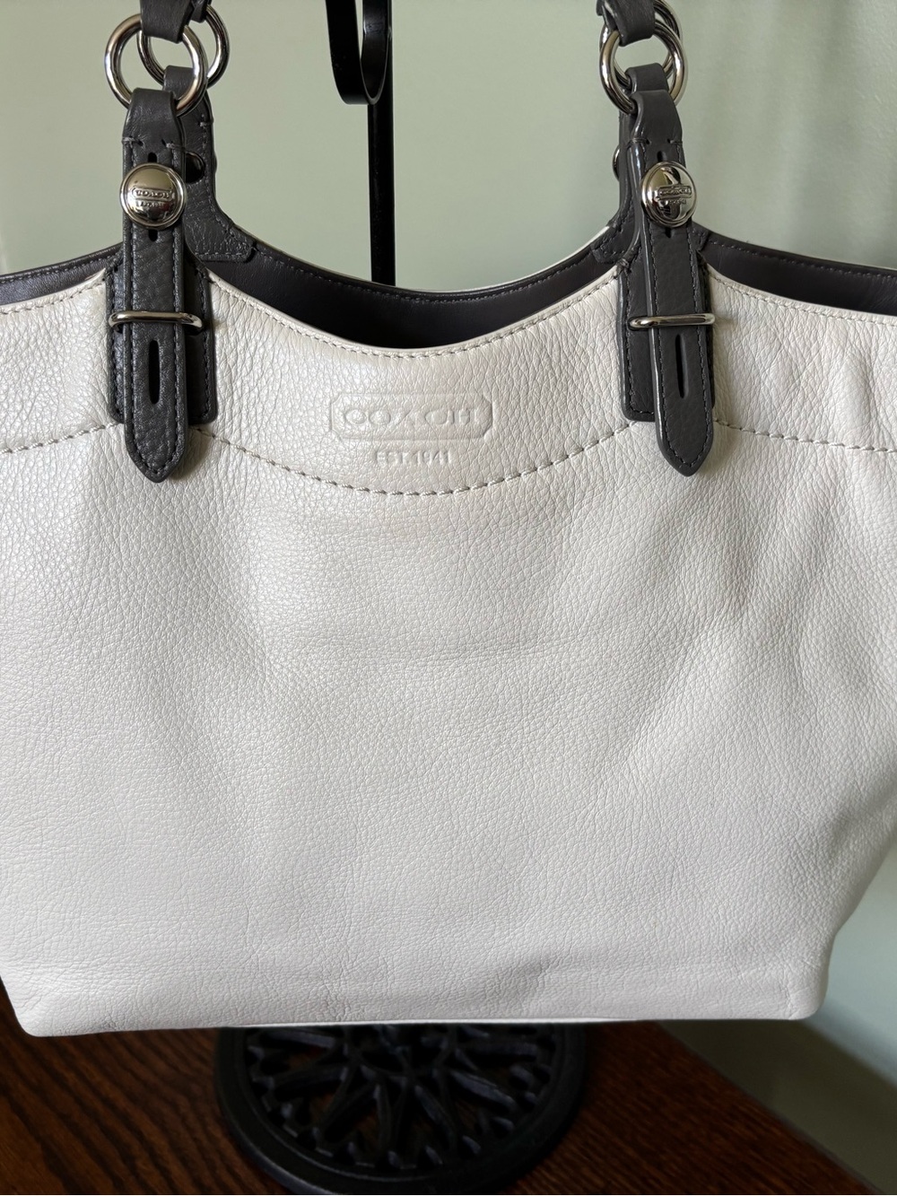 Coach White Pebbled Leather Shoulder Tote with Black Trim
